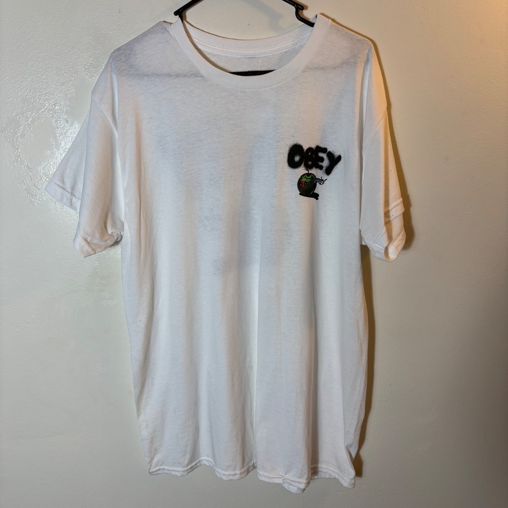 OBEY Mens‎ White Graphic Print T-Shirt with Apple & Worm Design Size Large